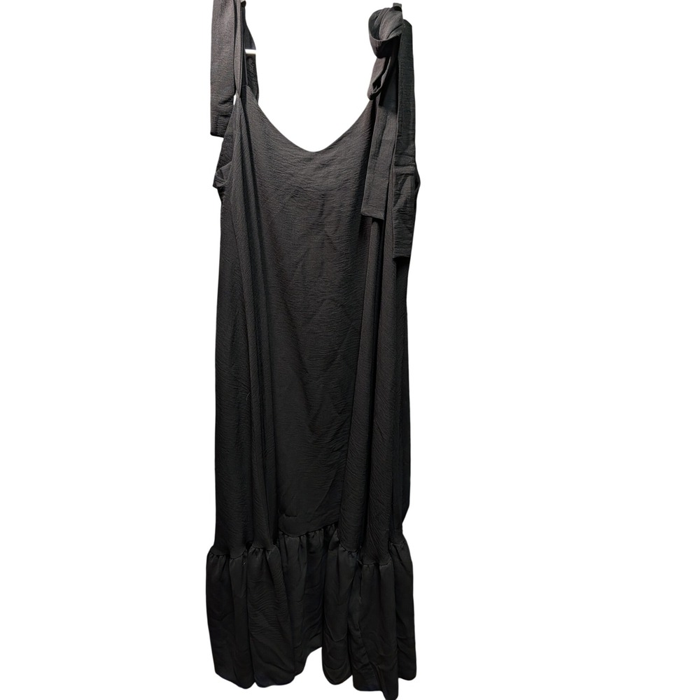 Accent Midi Dress Women L/XL Black Excellent Tie Shoulder Ruffle Hem Crinkle